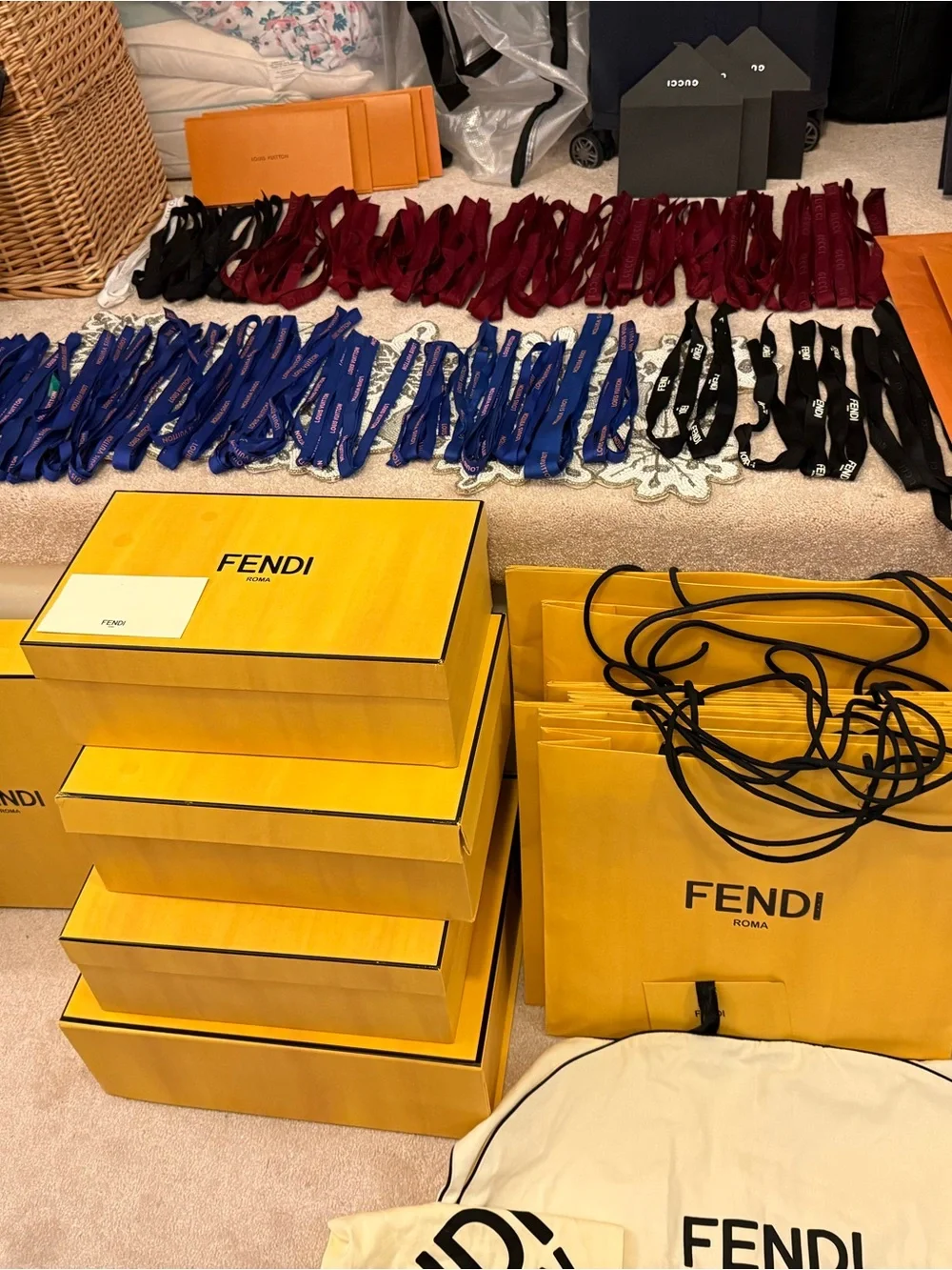 Louis Vuitton Orange Gift Bags with Blue Ribbon Accents
